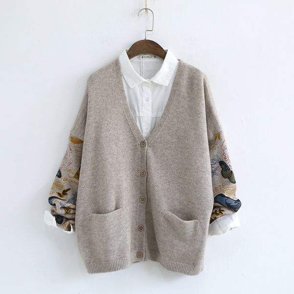 502-0043 casual 2020 autumn new women's solid color v-neck cardigan long sleeves printed bird sweater single breasted jacket, White
502-0043 casual 2020 autumn new women's solid color v-neck cardigan long sleeves printed bird sweater single breasted jacket, White