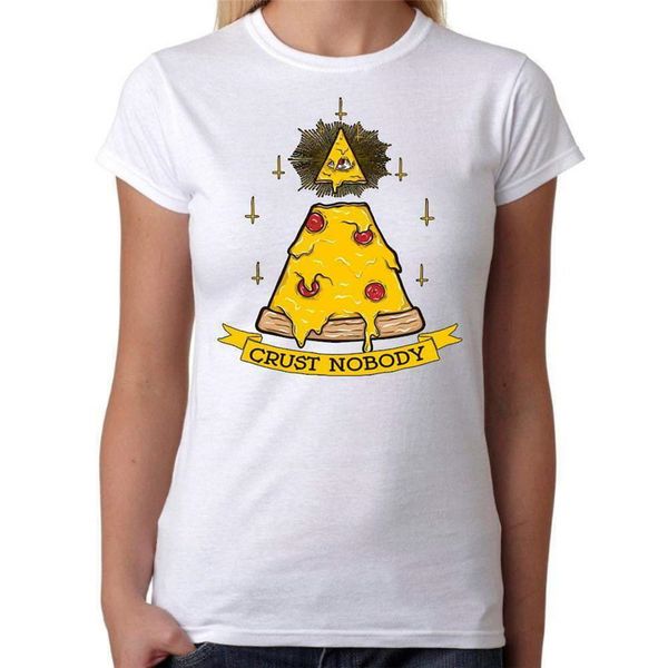 crust nobody illumanati pizza - womens white t-shirt - geek retro fun kitsch cut cotton short sleeve tee shirt