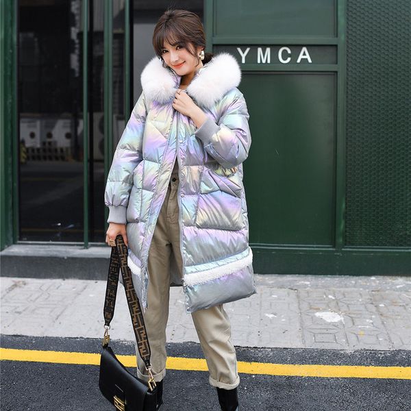 women 2020 winter glossy dazzle color coat female white duck down real fur collar jackets ladies loose hooded outwear p134, Black
women 2020 winter glossy dazzle color coat female white duck down real fur collar jackets ladies loose hooded outwear p134, Black