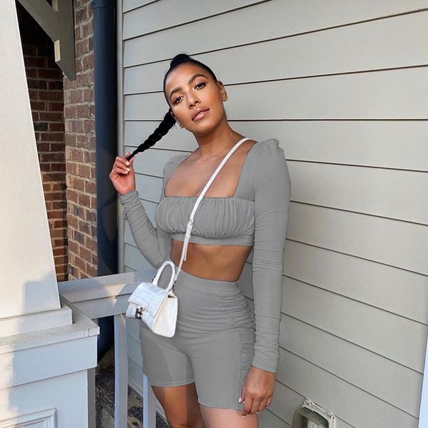 women's tracksuits fannic 2021 summer solid color square neck pleated long-sleeved t-shirt and shorts two-piece woman suit, Gray
women's tracksuits fannic 2021 summer solid color square neck pleated long-sleeved t-shirt and shorts two-piece woman suit, Gray