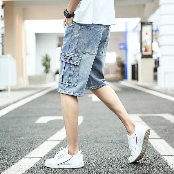 summer denim shorts men's fifth pants trendy loose medium pants fifth large size thin multi-bag jeans, Blue
