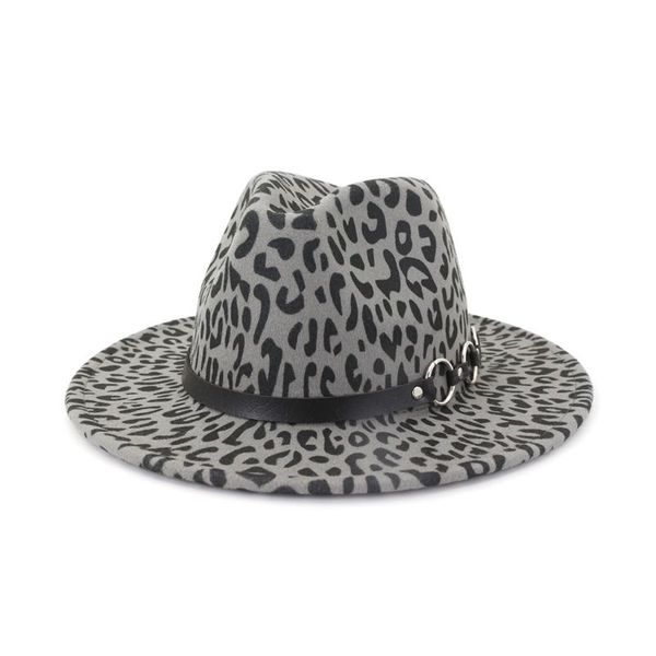 women retro flat wide brim leopard fedora jazz cap with metal o-ring chain belt 2xpc, Blue;gray
women retro flat wide brim leopard fedora jazz cap with metal o-ring chain belt 2xpc, Blue;gray