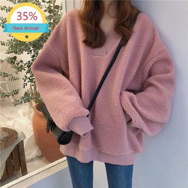 women's hoodies & sweatshirts faux soft lambswool solid pink khaki loose sweatshirt pullover korea women v-neck winter plus fleece, Black
women's hoodies & sweatshirts faux soft lambswool solid pink khaki loose sweatshirt pullover korea women v-neck winter plus fleece, Black