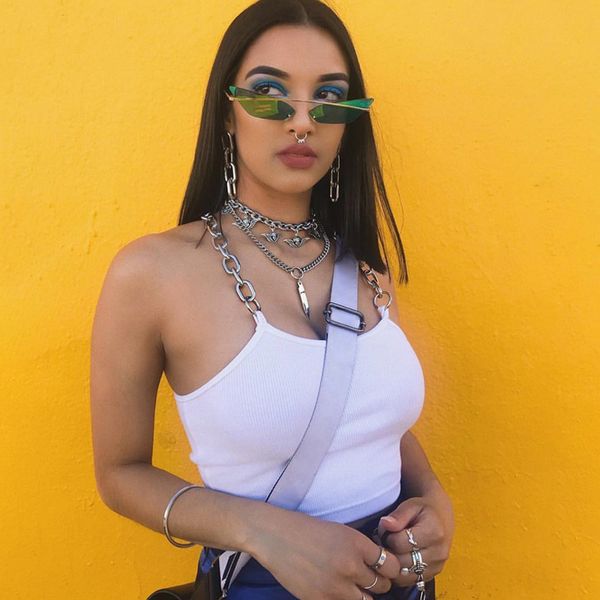 summer halter backless night club women's iron chain sling exposed navel short vest female t shirts tees, White
summer halter backless night club women's iron chain sling exposed navel short vest female t shirts tees, White