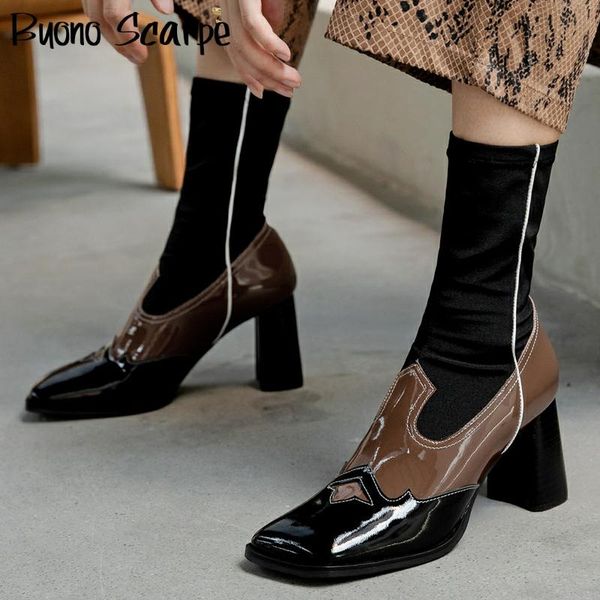 genuine leather square toe ankle boots designer sock shoes retro women ankle boots elastic stretch short booties chunky heels, Black
genuine leather square toe ankle boots designer sock shoes retro women ankle boots elastic stretch short booties chunky heels, Black