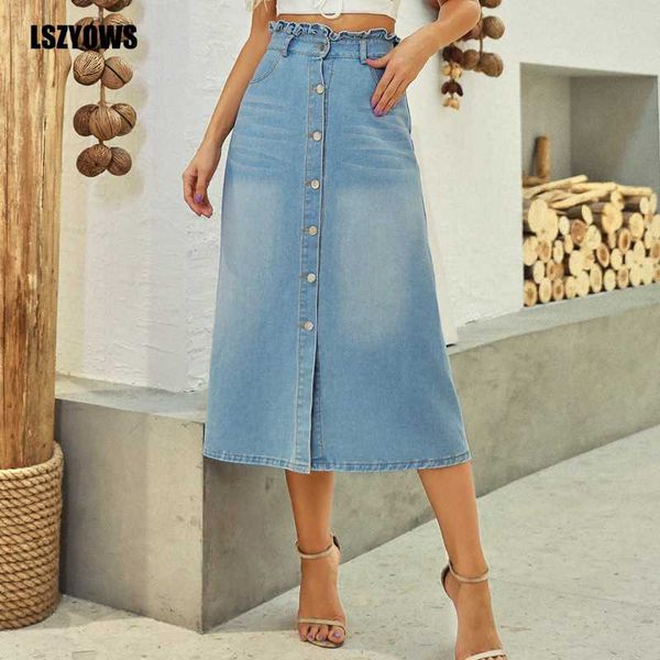 women front button vintage jean skirts 2020 fashion high waist ruffles casual denim skirt elegant female midi skirt faldas mujer, Black
women front button vintage jean skirts 2020 fashion high waist ruffles casual denim skirt elegant female midi skirt faldas mujer, Black