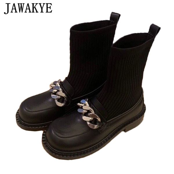 women's chain leather boots black round toe platform sock boots patchwork knitting short winter botas british style
women's chain leather boots black round toe platform sock boots patchwork knitting short winter botas british style