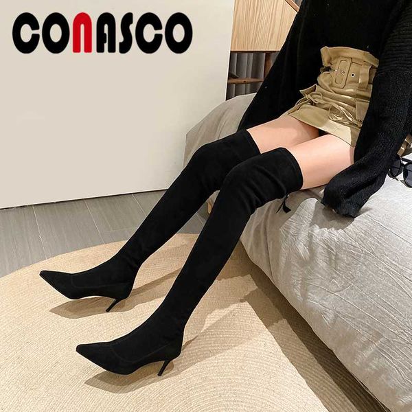 conasco autumn winter women over-the-knee boots women autumn winter high heels shoes woman concise stretch tight high boots, Black