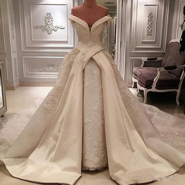 vintage off the shoulder overskirt wedding dresses 2020 long satin chapel train lace shiny sequins bridal gowns arabic wedding vestidos, White
vintage off the shoulder overskirt wedding dresses 2020 long satin chapel train lace shiny sequins bridal gowns arabic wedding vestidos, White