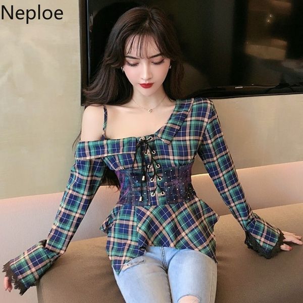 neploe strapless shoulder camis blouse women slim waist lace up flare long sleeve blusas autumn spring plaid shirt short, White
neploe strapless shoulder camis blouse women slim waist lace up flare long sleeve blusas autumn spring plaid shirt short, White