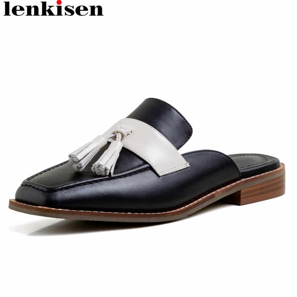 lenkisen simple style fringe slip on mules cow leather mixed color square toe med heel deep mouth fashion pumps l24, Black
lenkisen simple style fringe slip on mules cow leather mixed color square toe med heel deep mouth fashion pumps l24, Black