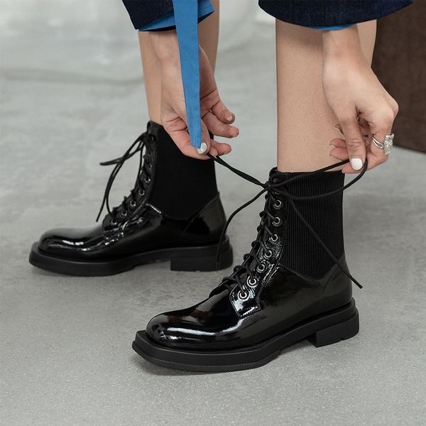 boots fashion square toe motorcycle shoes woman 2021 est genuine leather patchwork thick low heels cross tied ankle, Black
boots fashion square toe motorcycle shoes woman 2021 est genuine leather patchwork thick low heels cross tied ankle, Black