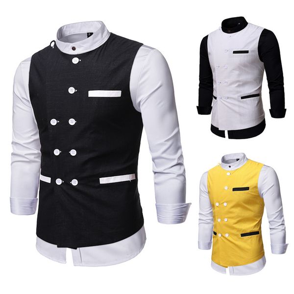 2020 men's sleeveless vest double breasted pocket stand collar solid british style male formal jacket, Black;white
2020 men's sleeveless vest double breasted pocket stand collar solid british style male formal jacket, Black;white