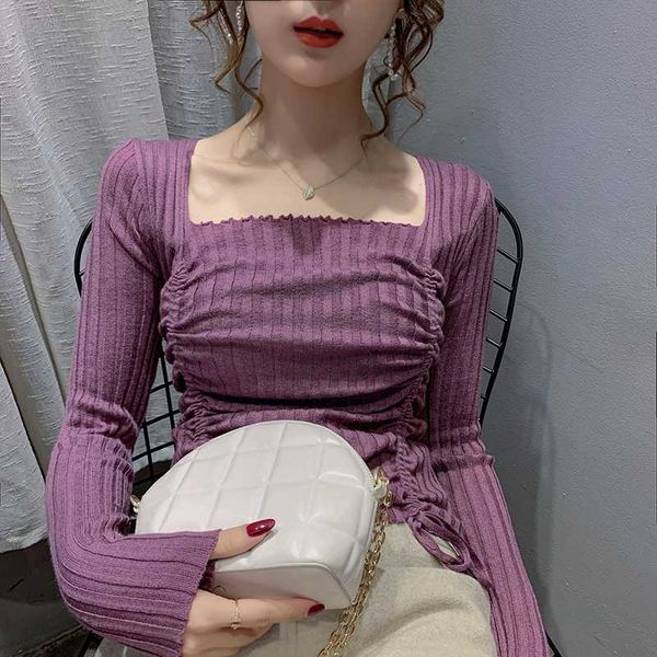 new autumn and winter 2020, square neck korean slim fit, knitted sweater, fashionable drawstring women's solid color top, White;black
new autumn and winter 2020, square neck korean slim fit, knitted sweater, fashionable drawstring women's solid color top, White;black