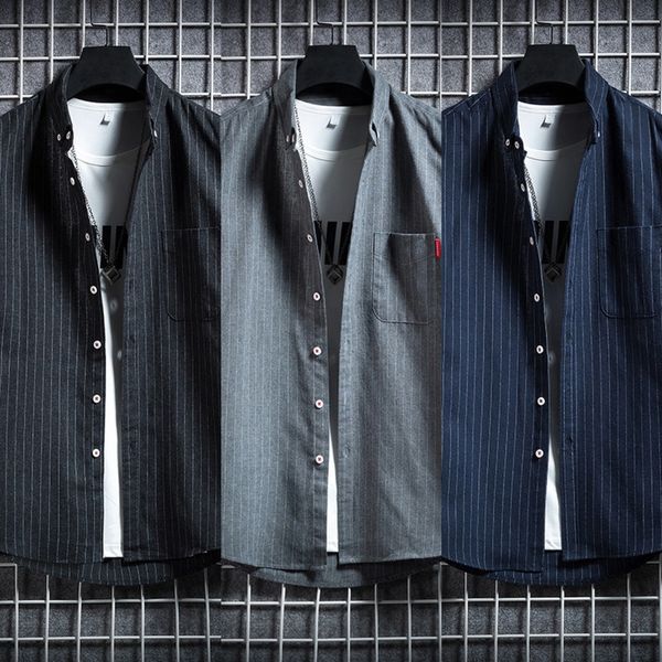 2020 summer new loose short-sleeved men's coat shirt shirthandsome trendy brand all-match striped shirt korean style trendy coat 7vces, Blue
2020 summer new loose short-sleeved men's coat shirt shirthandsome trendy brand all-match striped shirt korean style trendy coat 7vces, Blue