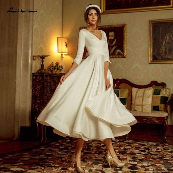 

Vestido Vintage Tea Length Wedding Dress with Sleeves 2020 Elegant Bridal Receipt Dinner Gowns Satin A Line Wedding Dresses, Ivory