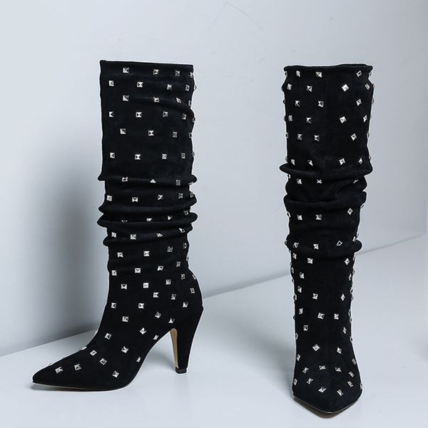spring ladies black suede leather metal rivets studs mid calf boots women spike heels gladiator pointed toe boots female shoes
spring ladies black suede leather metal rivets studs mid calf boots women spike heels gladiator pointed toe boots female shoes