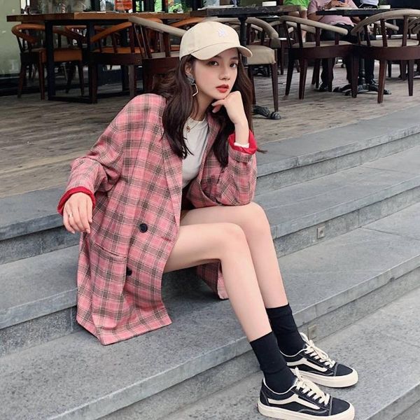 women's suits & blazers pink plaid suit coat women loose long jacket spring casual blazer fashion tailored sweet female checked, White;black
women's suits & blazers pink plaid suit coat women loose long jacket spring casual blazer fashion tailored sweet female checked, White;black