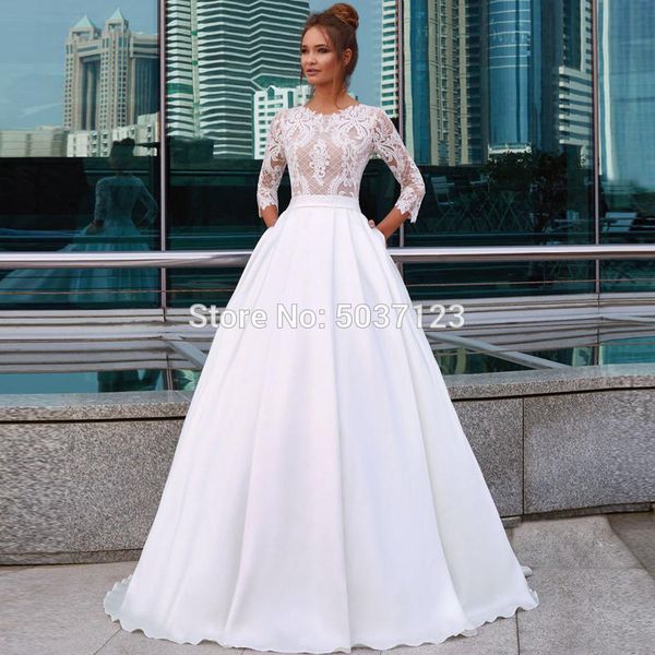 2020 a line satin wedding dresses vestido de noiva three quarter lace o neck sweep train floor length bridal gown robe de mariée, Blue;red
2020 a line satin wedding dresses vestido de noiva three quarter lace o neck sweep train floor length bridal gown robe de mariée, Blue;red