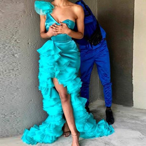 one shoulder mermaid prom dresses african robe de soiree organza tiered front split ruffles long evening dress, Black
one shoulder mermaid prom dresses african robe de soiree organza tiered front split ruffles long evening dress, Black