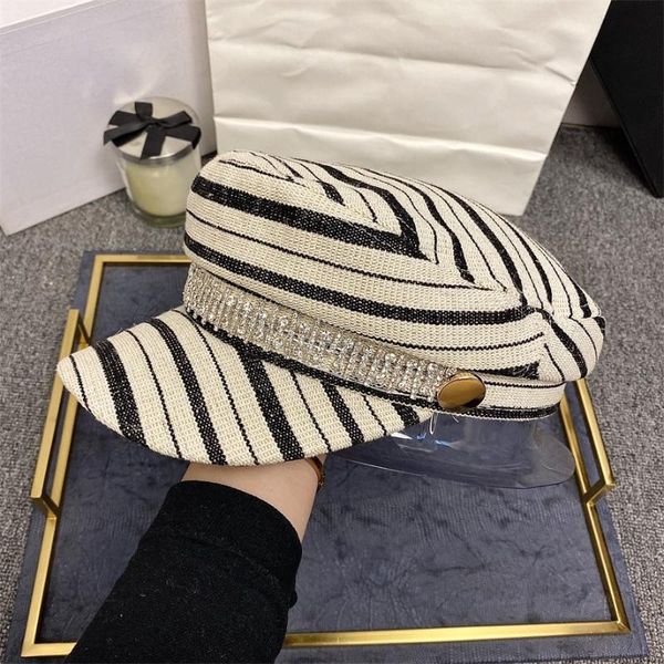 202007-yy gold button rhinestone chain striped leisure lady octagonal hat women visors cap, Blue;gray
202007-yy gold button rhinestone chain striped leisure lady octagonal hat women visors cap, Blue;gray