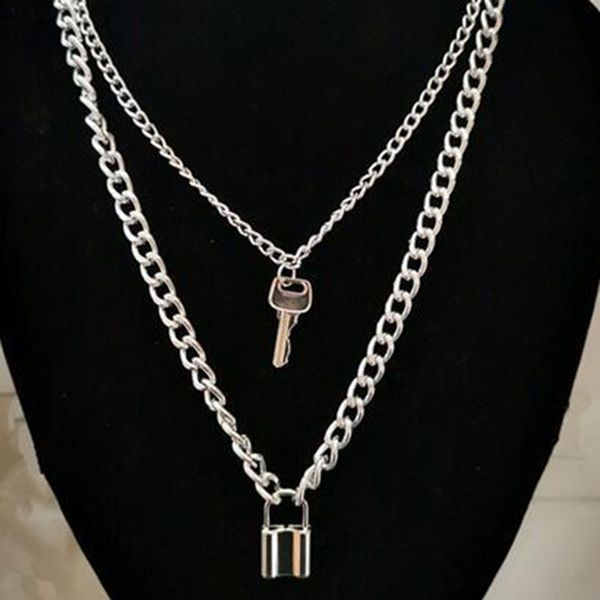 chains 2021 ins trendy gold chunky chain lock key pendant necklaces korean fashion chic women party jewelry, Silver 
chains 2021 ins trendy gold chunky chain lock key pendant necklaces korean fashion chic women party jewelry, Silver