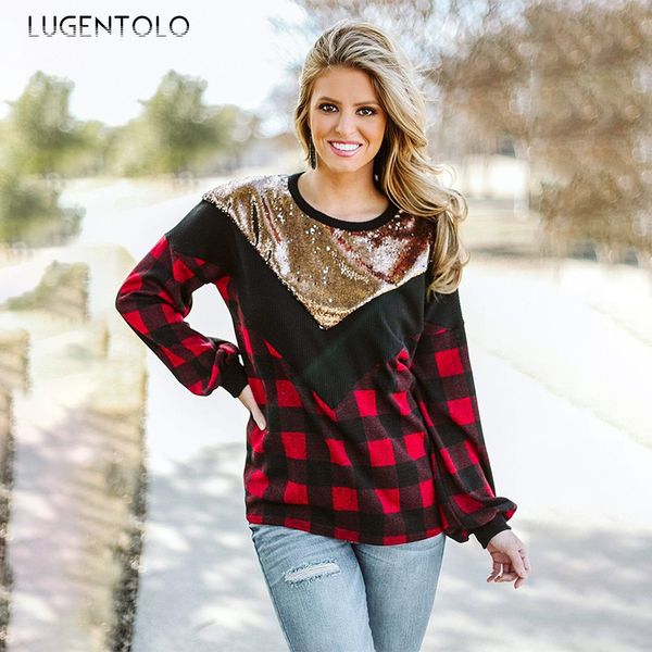 lugentolo spring autumn women loose sweatshirt round neck printed plaid large casual long sleeve female street sweatshirts, Black 
lugentolo spring autumn women loose sweatshirt round neck printed plaid large casual long sleeve female street sweatshirts, Black