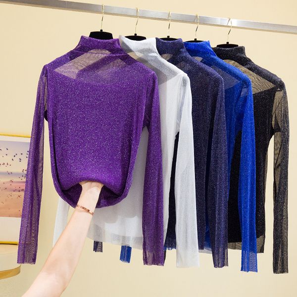 2020 autumn and winter ladies bottom t shirt causal high neck long sleeve slim bright silk mesh t-shirt women clothes, White
2020 autumn and winter ladies bottom t shirt causal high neck long sleeve slim bright silk mesh t-shirt women clothes, White