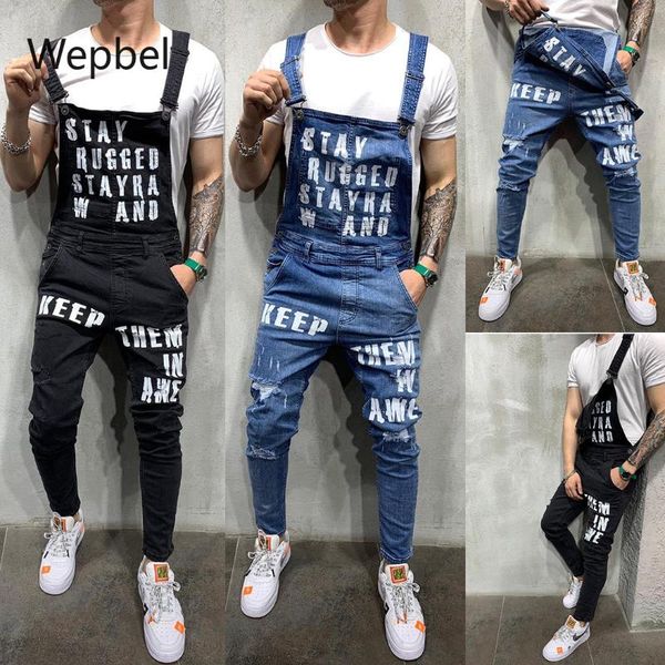 men's jeans wepbel fashion suspender denim jumpsuit plus size tearing lettered trousers overalls, Blue
men's jeans wepbel fashion suspender denim jumpsuit plus size tearing lettered trousers overalls, Blue