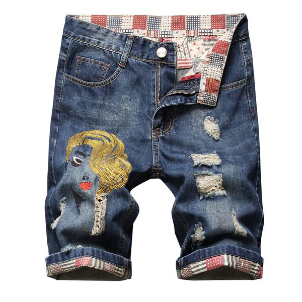 summer new men's stretch short jeans fashion casual destroyed hole elastic denim shorts embroidery, Blue
summer new men's stretch short jeans fashion casual destroyed hole elastic denim shorts embroidery, Blue