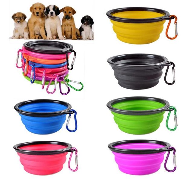 

Dog Travel Bowl Portable Foldable Collapsible Pet Cat Dog Food Water Feeding Travel Outdoor Silicone Bowl With Carabiner 9 Colors DHL