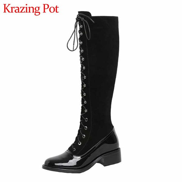 krazing pot high fashion streetwear genuine leather boots rivets round toe med heels lace up women winter thigh high boots l5f2, Black
krazing pot high fashion streetwear genuine leather boots rivets round toe med heels lace up women winter thigh high boots l5f2, Black