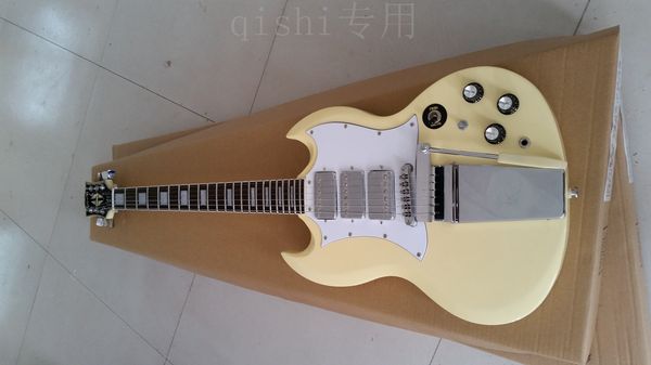 sg cream color double cutaway electric guitar long version maestro vibrola tremolo bridge, gold hardware, rosewood fingerboard
sg cream color double cutaway electric guitar long version maestro vibrola tremolo bridge, gold hardware, rosewood fingerboard