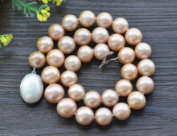 p7726 huge 17" 14mm pink round keshi edison pearl necklace, Silver