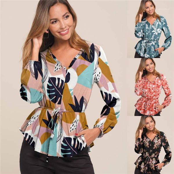 long sleeve ladies floral printed with sashes fashion style female tees womens autumn designer tshirts v neck, White
long sleeve ladies floral printed with sashes fashion style female tees womens autumn designer tshirts v neck, White