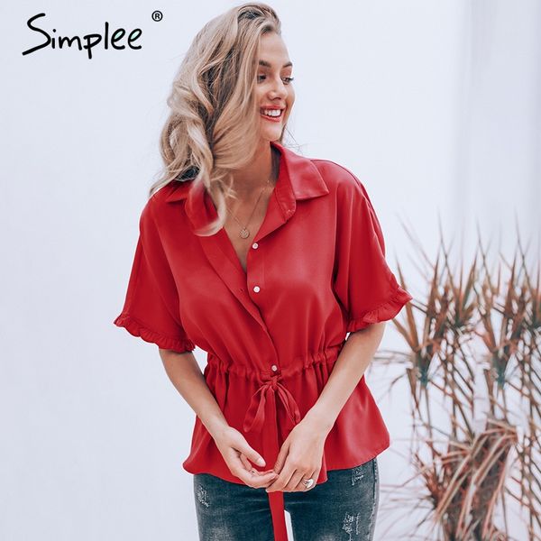 women's blouses & shirts simplee casual ruffle turn down collar women blouse loose short sleeve sashes female shirt elegant office soli, White
women's blouses & shirts simplee casual ruffle turn down collar women blouse loose short sleeve sashes female shirt elegant office soli, White