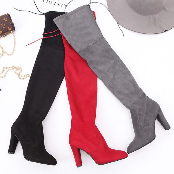 fashion 48 cm winter women fashion boots high heels over-the-knee faux suede thicken slip-on long boots dress shoes large size eu 35-43 7s, Black