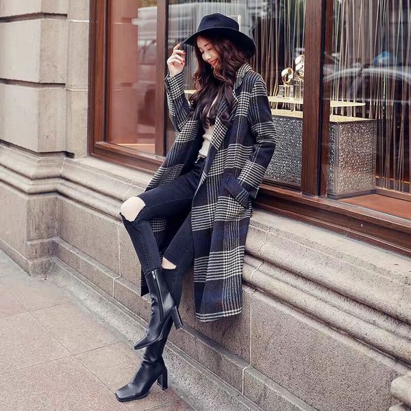 women wool coat plaid women loose long woolen coats winter coat woolen overcoat wool jackets trench women's, Black
women wool coat plaid women loose long woolen coats winter coat woolen overcoat wool jackets trench women's, Black
