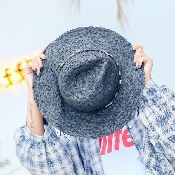 wide brim hats simple straw women outdoor sun protection beach all-match casual summer flat fashion cap, Blue;gray
wide brim hats simple straw women outdoor sun protection beach all-match casual summer flat fashion cap, Blue;gray