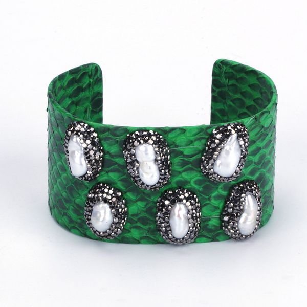 bangle natural big freshwater pearl beads charm pave rhinestone green real snake leather wide wrap open for women, Black
bangle natural big freshwater pearl beads charm pave rhinestone green real snake leather wide wrap open for women, Black