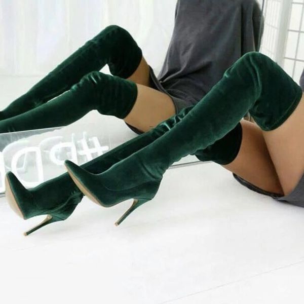 green velvet tight high boots pointed toe stretch slim fit over the knee boots thin heels party dress shoes drop ship, Black
green velvet tight high boots pointed toe stretch slim fit over the knee boots thin heels party dress shoes drop ship, Black