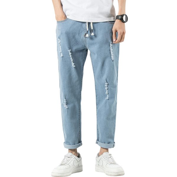 men's jeans men straight casual spring/summer fashion washed distressed hole drawstring ankle length pants denim, Blue
men's jeans men straight casual spring/summer fashion washed distressed hole drawstring ankle length pants denim, Blue