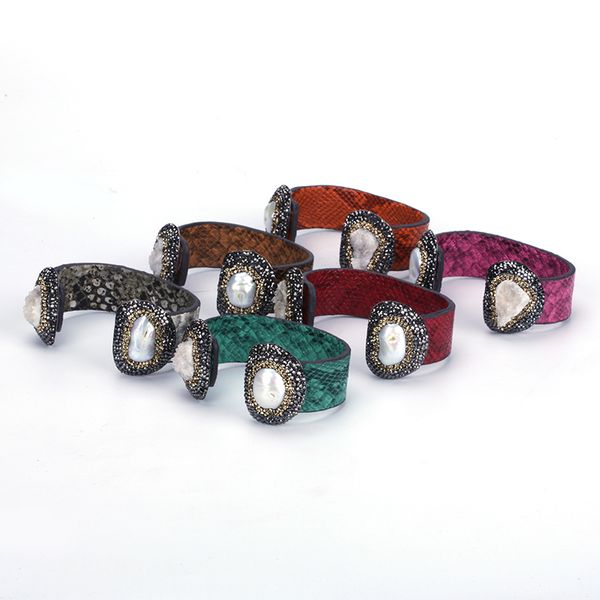bangle natural irragular freshwater pearl rough druzy stone charm pave rhinestone real snake leather wide big open cuff women, Black
bangle natural irragular freshwater pearl rough druzy stone charm pave rhinestone real snake leather wide big open cuff women, Black