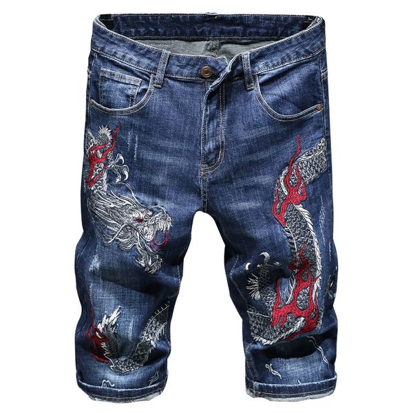 men's chinese dragon embroidery denim shorts trendy knee length slim straight jeans, Blue
men's chinese dragon embroidery denim shorts trendy knee length slim straight jeans, Blue