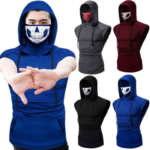 men t-shirt fashion hooded summer sleeveless t-shirt vest men's mask pure color pullover tees shirt male muscle camiseta, Black;blue
men t-shirt fashion hooded summer sleeveless t-shirt vest men's mask pure color pullover tees shirt male muscle camiseta, Black;blue