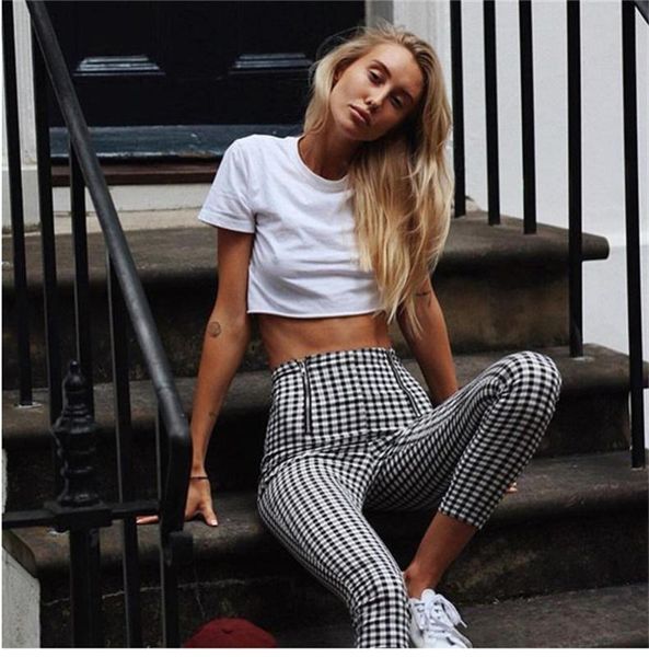 women's pants & capris black and white plaid zip-up slacks for autumn/winter women, Black;white
women's pants & capris black and white plaid zip-up slacks for autumn/winter women, Black;white