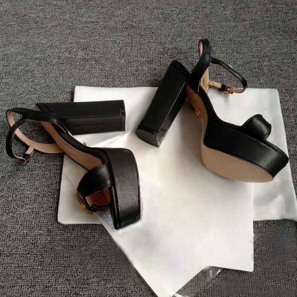 new toe button high heels summer thick high heel leather sandals versatile large platform sandals, Black
new toe button high heels summer thick high heel leather sandals versatile large platform sandals, Black