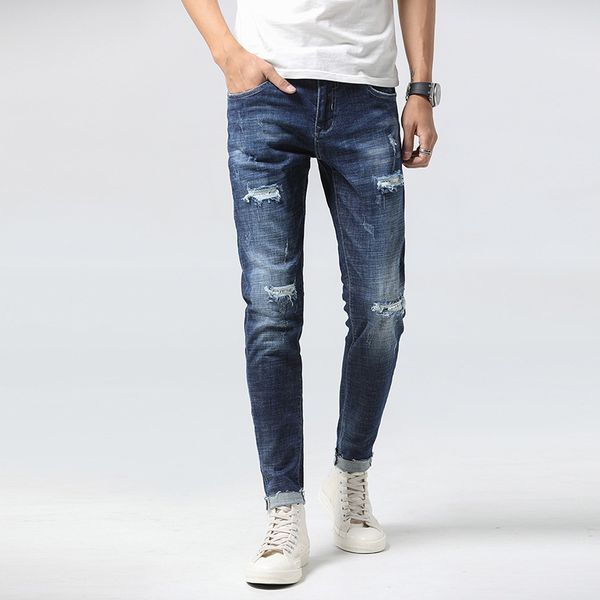 fashionable summer new men's perforated beggars' pants elastic slim leggings amazon new, Blue
fashionable summer new men's perforated beggars' pants elastic slim leggings amazon new, Blue