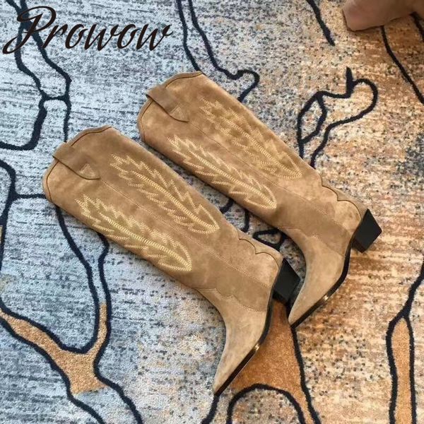 ollymurs genune leather embroidery knee high boots pointed toe metal studded thick heel cowboy boots, Black
