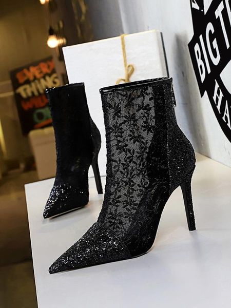 women's shoes pointed short boots fine high heels fashion sequins transparent mesh hollow out lace, Black
women's shoes pointed short boots fine high heels fashion sequins transparent mesh hollow out lace, Black